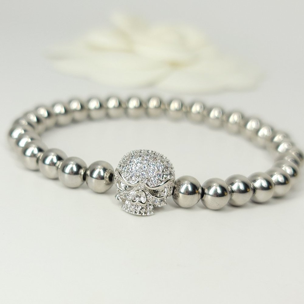 NEW Pave CZ Diamond Stainless Steel Skull Bracelet - Picture 1 of 7